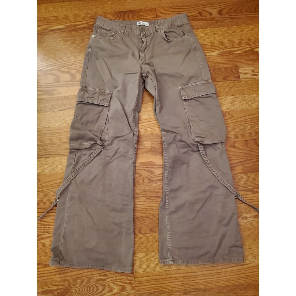 Zara Wide Leg Cargo Utility Pants Baggy Y2K Grunge Size 10 Taupe Khaki Gray